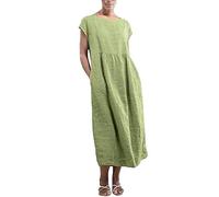 Generico Abito Lino Donna Curvy, Vestito in Cotone Elasticizzato Donna Casual Spiaggia Eleganti Tinta Unita Abiti al Ginocchio Larghe Scollo V Vacanza Vestiti Abito da Spiaggia Primavera