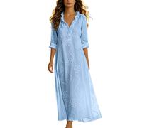 Generico Abito Lungo Boho con Ricami Floreali per Donna Vestito Donna Primavera Vestito Latino Americano Cerimonia Cocktail Casual con Scollo a V e Volant Tinta Unita per La Spiaggia e Le Vacanze