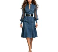 Generico Abito Lungo Donna Elegante - Abito Casual in Denim A Maniche Lunghe con Colletto Alto vestibilità Slim Abito Estivo A Trapezio Midi Confortevole Ed Elegante Ideale per La Casa per Quando