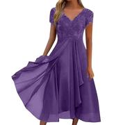 Generico Abito Lungo Estivo Donna - Elegante Abito con Colletto in Chiffon E Inserti in Pizzo Perfetto per Un'Occasione Informale da Sera O Come Abito da Invitata A Una Festa