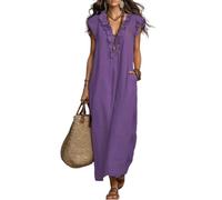 Generico Abito Maxi da Donna in Cotone e Lino, Tinta Unita, Stile Casual-Artistico, Comodo e Fluido - Senza Maniche, Scollo a V con Volant (Purple,XXL)
