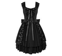 Generico Abito Medievale Donna Punk con Fiocchi e Bretelle per un Look Ribelle e Cortigiano Vestito da Cameriera con Corpetto aderente e Gonna Svasata per Feste e Cosplay(Black, S)