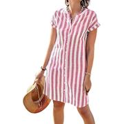 Generico Abito Midi Estivo a Righe da Donna - Modello Elegante con Scollo a V e Gonna Dritta Fluida - Ideale per la Spiaggia e Il Tempo Libero (Rosso,S)
