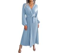 Generico Abito Midi Plissettato da Donna Maniche Lunghe per Feste Matrimoni da Invitata Abito Semi-Formale da Donna Abito Estivo Casual da Lavoro con Cintura per Tutti I Giorni Azzurro Chiaro M