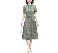 Generico Abito Midi Qipao Cinese da Donna per Madri di Mezza età Ideale Come Invito A Nozze | Abito da Sera Estivo Cheongsam A Maniche Corte con Stampa di bambù vestibilità Ampia Verde Taglia 3XL