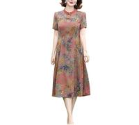 Generico Abito Midi Qipao Cinese da Donna per Madri di Mezza età Ideale Come Invito A Nozze | Abito da Sera Estivo Cheongsam A Maniche Corte con Stampa di bambù vestibilità Ampia Rosso Taglia XL