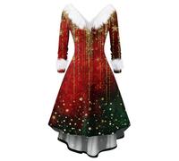 Generico Abito Natale Donna Manica Lunga, Vestito Donna Elegante Midi Scollo a V, Abiti Stampati Affascinante - Christmas Dress Vintage Classic Rosso L