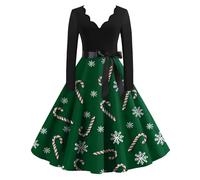 Generico Abito Natale Donna Manica Lunga, Vestito Donna Elegante Stampati Scollo a V, Abiti Midi Unico - Christmas Dress Caratteristico Affascinante Verde Scuro M
