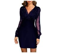Generico Abito Paillettes Donna Mini Vestiti Scollo a V Maniche Lunghe Elegante e Scintillante per Serate in Discoteca Cocktail Party