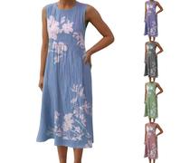 Generico Abito Senza Maniche Donna Scollo a V Vestito Abiti Vestito Boho al Ginocchio Larghe Vacanza Festa Vestiti per la Primavera e L'Estate Confortevole
