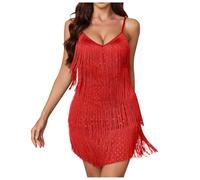 Generico Abito Sottoveste Tinta Unita con Scollo a V Design Senza Schienale e Dettaglio con Nappe per Una Serata - Elegante Completo Gonna Lunga da (Red, L)