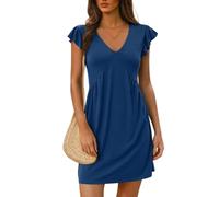 Generico Abito Tunica Casual da Donna con Scollo A V Maniche Corte e Volant Mini Abito Casual A Trapezio Morbido Ed Elasticizzato Estivo da Spiaggia per Tutti I Giorni Blu Taglia S