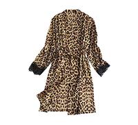 Generico Accappatoio da donna corto sottile vestaglia da donna in raso corto kimono leopardato in pizzo a maniche lunghe con cintura abito corto estivo biancheria da notte leggera