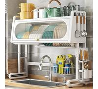 Generico Adjustable Over The Sink Dish Drying Rack with Cover, Expandable Large Dish Rack Drainer for Kitchen Storage Counter Above Sink Dish Rack, 3 Tier,White-77Cm