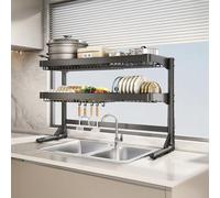 Generico Adjustable Stainless Steel Dish Drainer Over Sink Large Dish Drainer for Kitchen Countertops Dish Drying Cabinet with Doors,Black Bare Frame-Double Layer