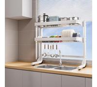 Generico Adjustable Stainless Steel Dish Drainer Over Sink Large Dish Drainer for Kitchen Countertops Dish Drying Cabinet with Doors,White Bare Frame-Double Layer