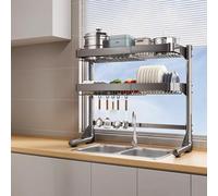 Generico Adjustable Stainless Steel Dish Drainer Over Sink Large Dish Drainer for Kitchen Countertops Dish Drying Cabinet with Doors,Gun Gray Bare Frame-Double Layer