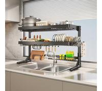 Generico Adjustable Stainless Steel Dish Drainer Over Sink Large Dish Drainer for Kitchen Countertops Dish Drying Cabinet with Doors,Black Full Set-Double Layer