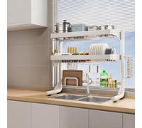 Generico Adjustable Stainless Steel Dish Drainer Over Sink Large Dish Drainer for Kitchen Countertops Dish Drying Cabinet with Doors,White Full Set-Double Layer