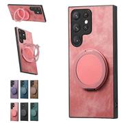 Generico Admitof Magnetic Shockproof Leather Ring Stand Case for Galaxy S25/S24/S23/S22 Series, 2025 New Business Anti-Fingerprint Full Cover PU Leather Phone Case(Pink,for Galaxy S24)
