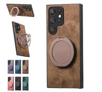 Generico Admitof Magnetic Shockproof Leather Ring Stand Case for Galaxy S25/S24/S23/S22 Series, 2025 New Business Anti-Fingerprint Full Cover PU Leather Phone Case(Brown,for Galaxy S21)