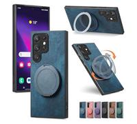 Generico Admitof Magnetic Shockproof Leather Ring Stand Case for Galaxy S25/S24/S23/S22 Series, Full Cover PU Leather Phone Case, Side Anti-Slip Strips (S25 Plus,Blue)
