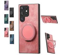 Generico Admitof Magnetic Shockproof Leather Ring Stand Case for Galaxy S25/S24/S23/S22 Series, with Rotating Bracket, Business Anti-Fingerprint Full Cover PU Leather Phone Case(S24 Ultra,Pink)