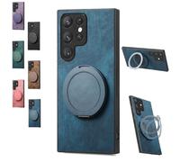 Generico Admitof Magnetic Shockproof Leather Ring Stand Case for Galaxy S25/S24/S23/S22 Series, with Rotating Bracket, Business Anti-Fingerprint Full Cover PU Leather Phone Case(S25 Ultra,Blue)