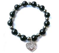 Generico ALCHIMIA- Bracciale elastico pietra vera naturale ematite mm.6 cuore lega stile tibetano colore argento antico con pietre vere naturali mm.8 cristalloterapia Onice Nera