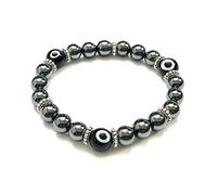 Generico ALCHIMIA- Bracciale elastico pietre dure con Occhio turco vetro dipinto a mano, protegge contro il malocchio e le vibrazioni negative (Ematite)