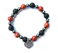 Generico ALCHIMIA - Bracciale elastico pietre vere naturali ematite mm.6 pendente cuore stile tibetano pietre vere naturali mm 8 Ossidiana opaca Diaspro rosso