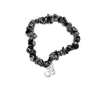 Generico ALCHIMIA - Bracciale OSSIDIANA FIOCCO DI NEVE pietre vere naturali con ciondolo OM metallo color argento