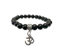 Generico ALCHIMIA- Bracciale pietre vere naturali mm.8 con ciondolo OM cristalloterapia Ossidiana Nera