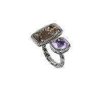 Generico Anello Ellius Donna Estasi Collezione Seicento in Argento 925 | Anello Barocco con Doppia Pietra Fumè e Viola | Gioiello Regolabile Fatto a Mano in Italia