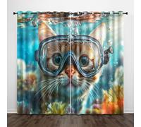 Generico Animale 3D Tende da 2 Pannelli Ombreggiatura 182L x 213A CM Oceano Gatto Che Nuota Poliestere Isolamento Termico Tenda per Finestra per Camera da Ietto Soggiorno Cucina Sala Giochi
