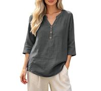 Generico Apertura Bottoni Facile da Gestire Anche per Chi Ha Difficoltà con Allacciature Complesse Camicia Grigio Donna in Tessuto Garza Lino Mezza Manica 3/4 Collo A V con Chiusura Bottoni,