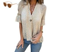 Generico Arrangenal V-Neck Single Button Loose Short Sleeves,Women's Crochet Cardigan,Lightweight Half Sleeve Cardigan (Apricot, xxl)