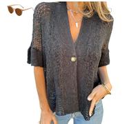 Generico Arrangenal V-Neck Single Button Loose Short Sleeves,Women's Crochet Cardigan,Lightweight Half Sleeve Cardigan (Black, xxl)