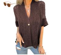 Generico Arrangenal V-Neck Single Button Loose Short Sleeves,Women's Crochet Cardigan,Lightweight Half Sleeve Cardigan (Brown, m)
