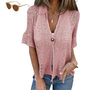 Generico Arrangenal V-Neck Single Button Loose Short Sleeves,Women's Crochet Cardigan,Lightweight Half Sleeve Cardigan (Pink, m)