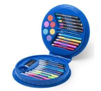 Generico Astuccio Trinen Set composto da 14 pezzi in astuccio dal design tondo Contiene gomma, temperamatite, pastelli e matite di legno con corpo cilindrico, pennarelli, acquerelli e pennello. (blu)
