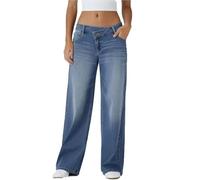 Generico Asymmetrical Low-Rise Loose Jeans for Women, Wide Leg Baggy Straight Boyfriend Denim Pants Washed Casual Streetwear