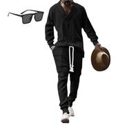 Generico Athleisure Cable Jacquard Set for Men,Men's Casual V-Neck Long Sleeve Tops and Drawstring Jogging Suits 2 Piece Set