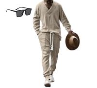 Generico Athleisure Cable Jacquard Set for Men,Men's Casual V-Neck Long Sleeve Tops and Drawstring Jogging Suits 2 Piece Set