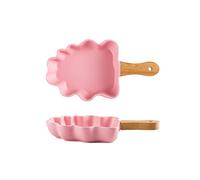 Generico Baking Dish 2 PCS Ceramic Baking Dish Creative Tree Plates with Wooden Handle Large Salad Snack Dessert Dishes Baking Bowl Kitchen Tableware Bakeware (Color : Green) (Pink)