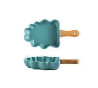 Generico Baking Dish 2 PCS Ceramic Baking Dish Creative Tree Plates with Wooden Handle Large Salad Snack Dessert Dishes Baking Bowl Kitchen Tableware Bakeware (Color : Green) (Green)