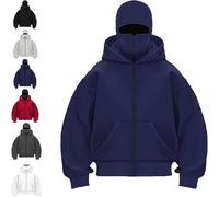 Generico Balaclava Hoodie with Built in Balaclava, Double Hooded Zip Jacket with Mask, Wind-Resistant Winter Hoodies for Men Women (Navy Blue,XXL)