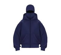 Generico Balaclava Ninja Zipper Hoodie with Built in Balaclava, Double Hooded Jacket Hoodie with Mask, Wind-Resistant Winter Hoodies (Navy Blue (Zipper),S)
