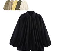 Generico Balloon Sleeve Jacket For Women, Womens Puffed Bomber Jacket, Batwing Sleeve Front Zip Lapel Collar Shirts Oversized (Black,M)