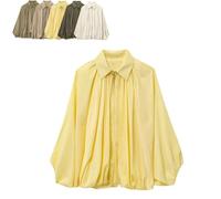 Generico Balloon Sleeve Jacket For Women, Womens Puffed Bomber Jacket, Batwing Sleeve Front Zip Lapel Collar Shirts Oversized (Yellow,L)